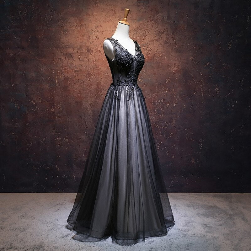 CHIC A-LINE V-NECK FLOOR LENGTH TULLE BLACK APPLIQUE LONG PROM DRESS EVENING DRESS C1592