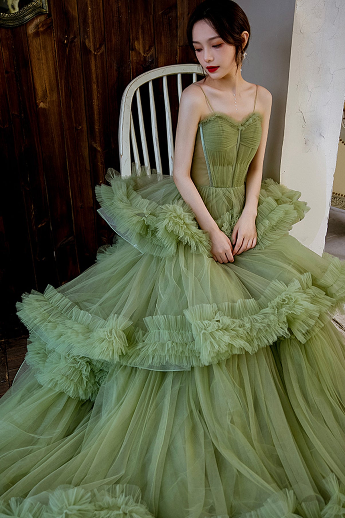 Green tulle long A line prom dress green evening dress C2035