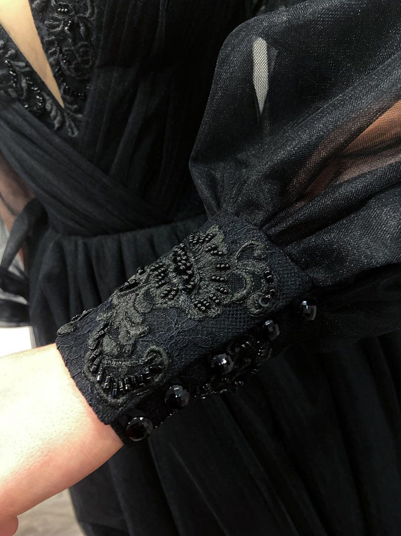 Black gothic tulle embroidery lace corset wedding gown, convertible dress with long sleeves, alternative prom dress C2161