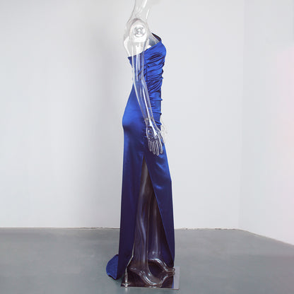 Sheath/Column Strapless Ruched Satin Sleeveless Sweep/Brush Train Long Prom Dresses C403