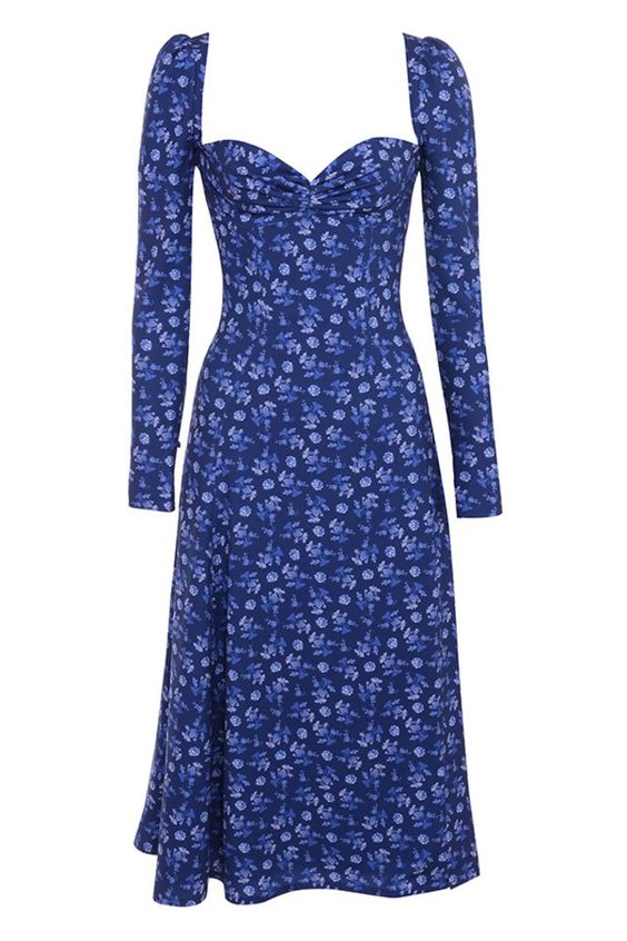 Sapphire Floral Puff Sleeve Midi Dress Vintage Prom Dress With Side Slit cc241