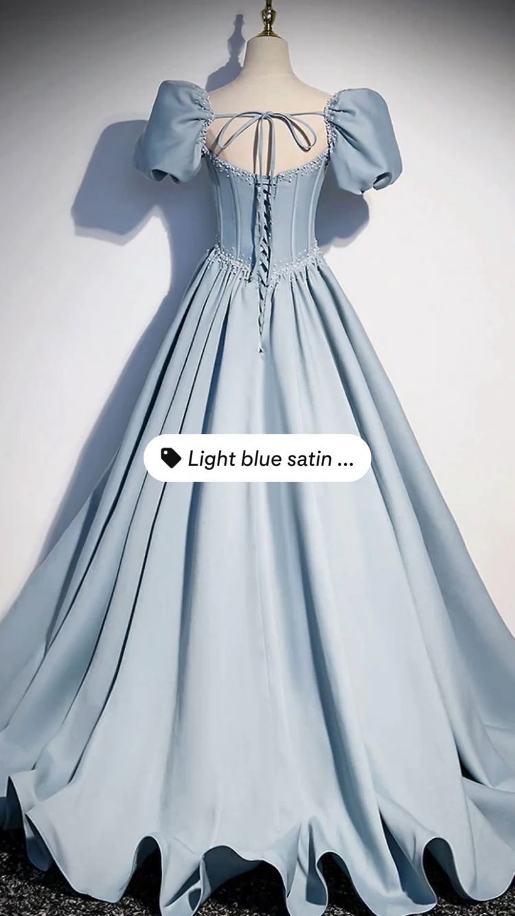 Light Blue Satin Long Prom Dress Short Sleeves Birthday Dress Princess Dress cc255