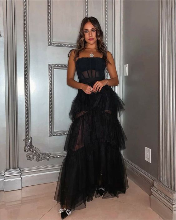 Spaghetti Strap Mesh Corset Gown Long Prom Dress Black Evening Dress cc425