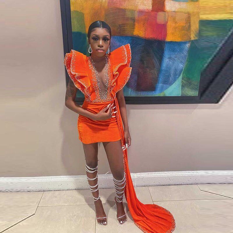 Orange Velvet Short Prom Dress Beaded Ruffle Sleeve Real Picture African Dark Skin Girl Party Dress c3167