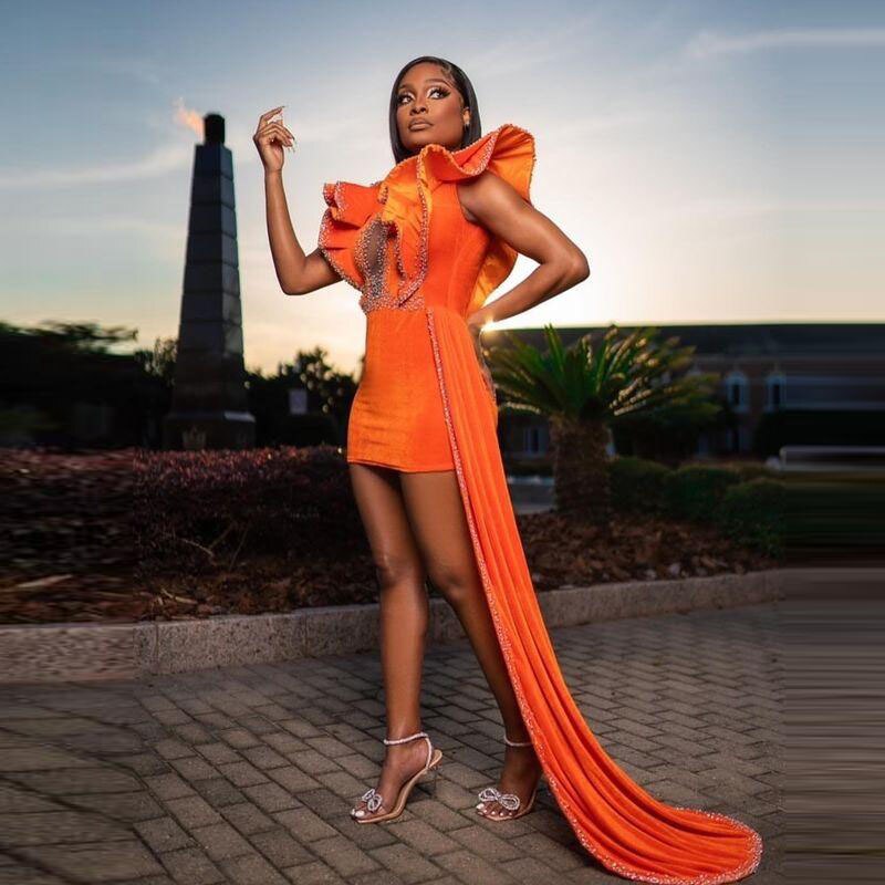 Orange Velvet Short Prom Dress Beaded Ruffle Sleeve Real Picture African Dark Skin Girl Party Dress c3167