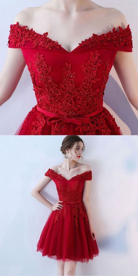 Red Off Shoulder Homecoming Dresses, Simple Party Dresses c3432
