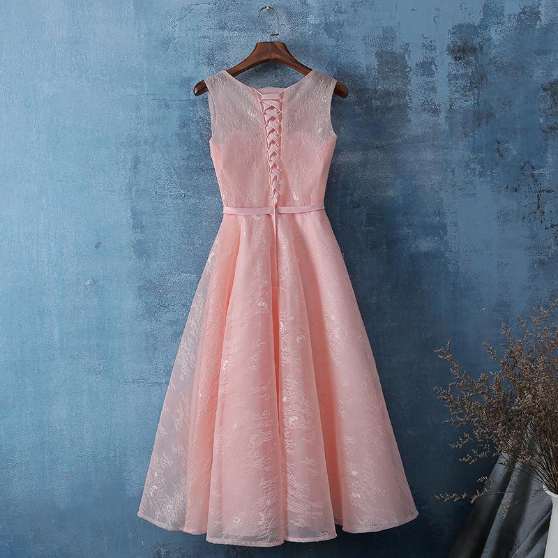 Pink Lace Tea Length Simple Homecoming Dress Teenager Formal Dress cc67