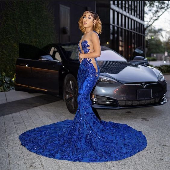 Royal Blue Mermaid Long Prom Dress With Train Sexy Evening Dress  cc402