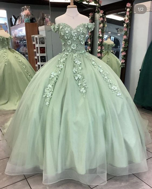 Off The Shoulder Sage Green Ball Gown With Flowers Sweet 16 Dress cc478