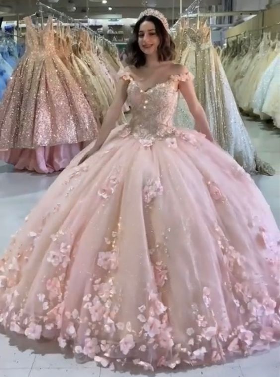 Pink Ball Gown With 3D Flowers Sweet 16 Dress  Romantic Pink Embroidery Cape Ball Gown 3D Floral  Beaded Long Sweet Frill Dress c2555