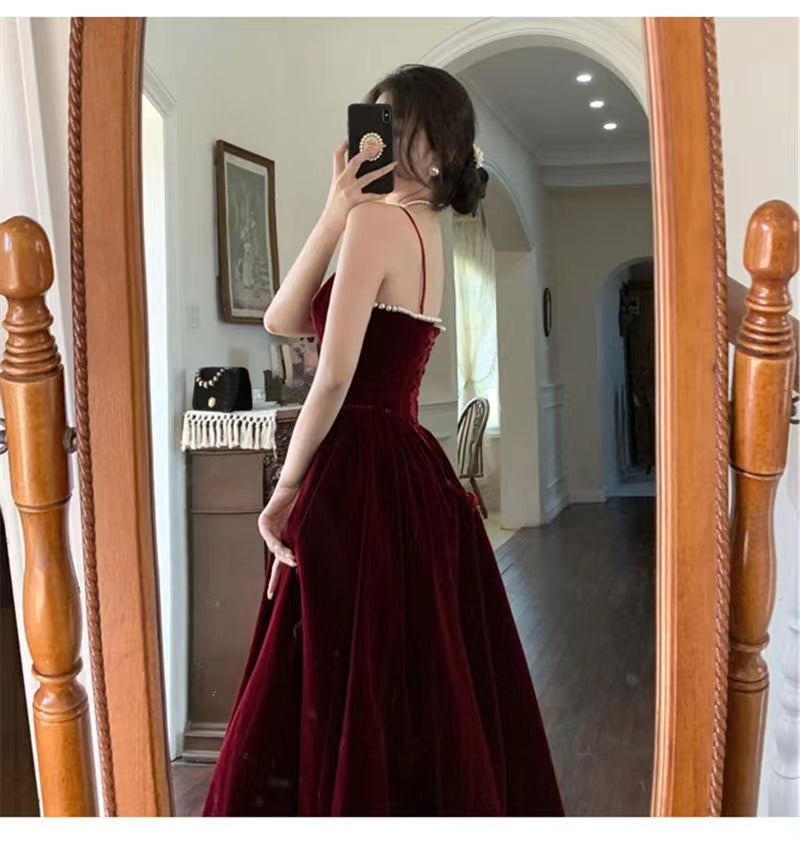 Spaghetti Straps Burgundy Velvet Prom Dress Simple Prom Dress Party Dress C2320