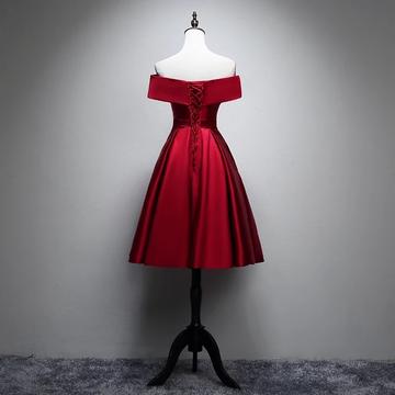 Sexy Tea Length Sweet Red Satin Homecoming Dress Off Shoulder Short Party Dress c3340