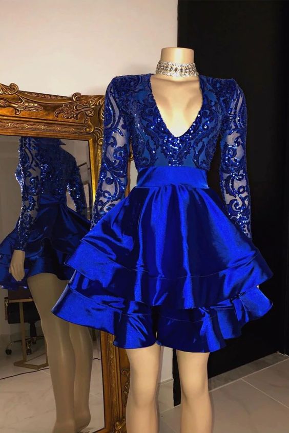 Royal Blue V-neck Long Sleeves Knee Length A-line Party Dresses c3313