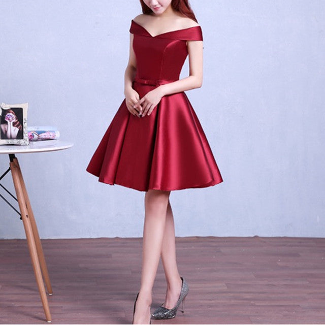 Burgundy homecoming dress,off the shoulder short cocktail dress,satin gowns c3348