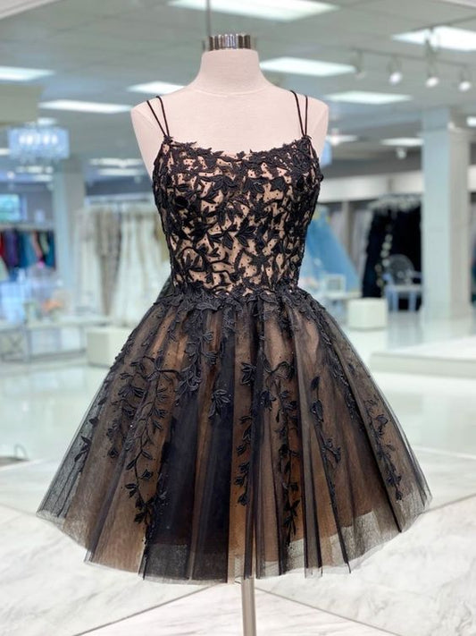 cocktail black lace applique short spaghetti strap beaded tulle cheap homecoming dresses c3310