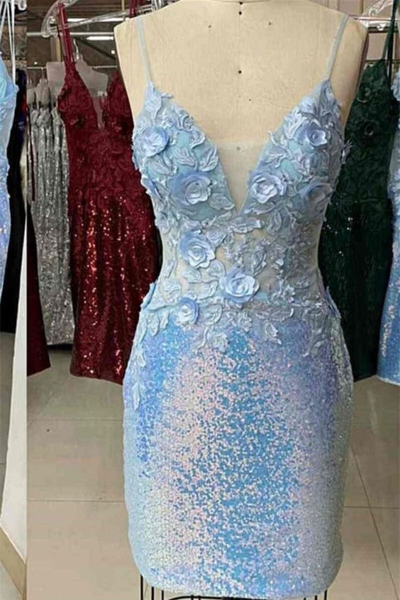 Light Blue Floral Tight Homecoming Dress c3368