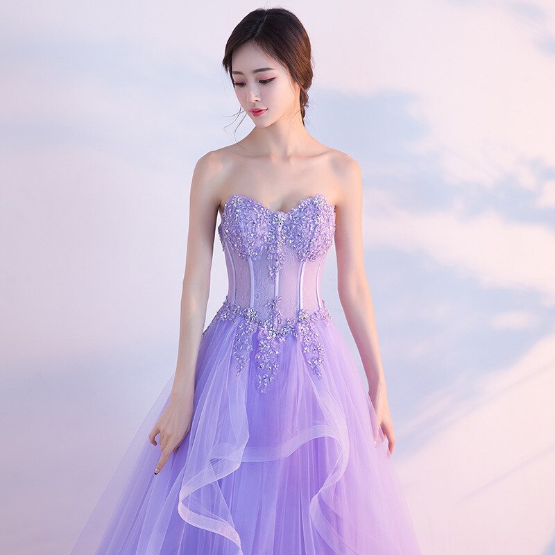 Lilac Sweetheart Tulle Prom Dress Beaded Sequined Princess Prom Dress c3302