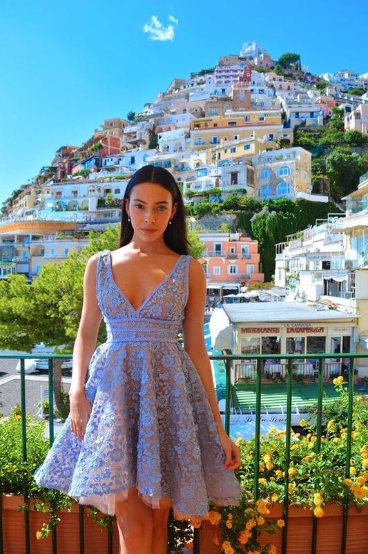 A-line V Neck Short Homecoming Dress With Lace Sleeveless Party Dress c3319