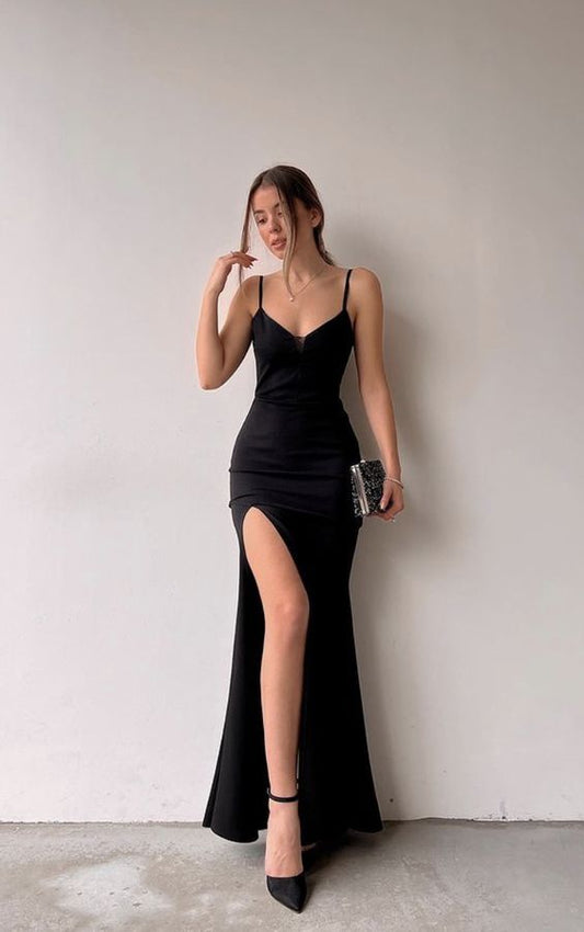 Spaghetti Straps Black Mermaid Long Evening Dress With High Split cc162