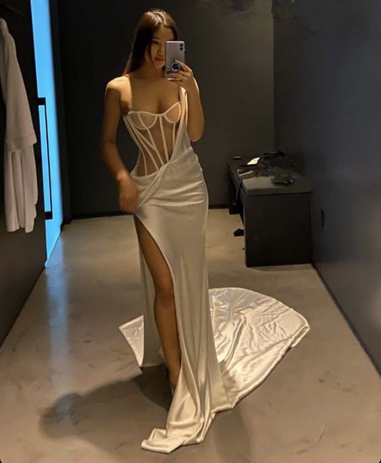 White One Shoulder Long Prom Dress With High Split Sexy Evening Dress cc176