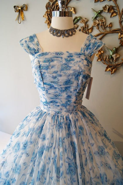 Vintage Sleeveless Party Dress Blue Floar Homecoming Dress  c2531
