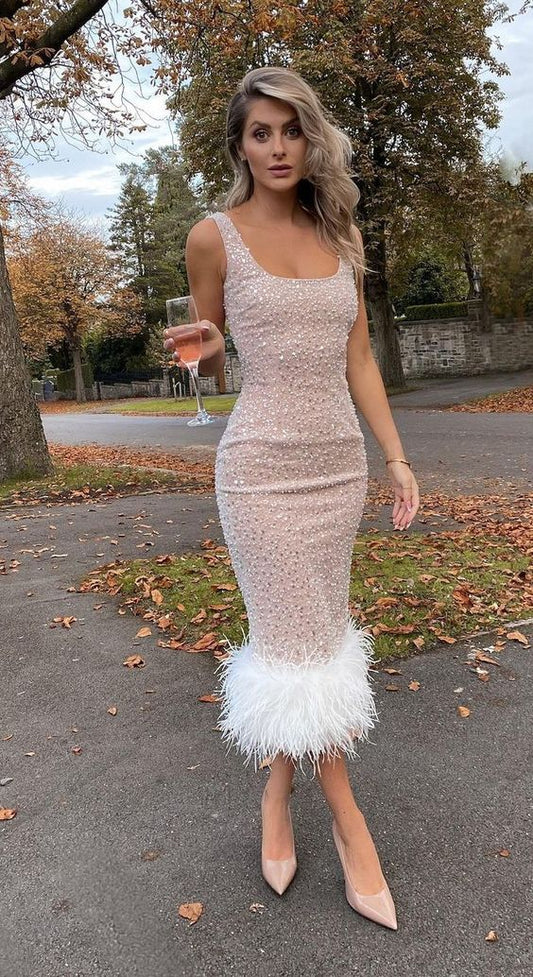 Square Neck Luxurious Beaded Tea Length Prom Dress Heavy Beaded Prom Dress Bottom Feathers Formal Dress cc169