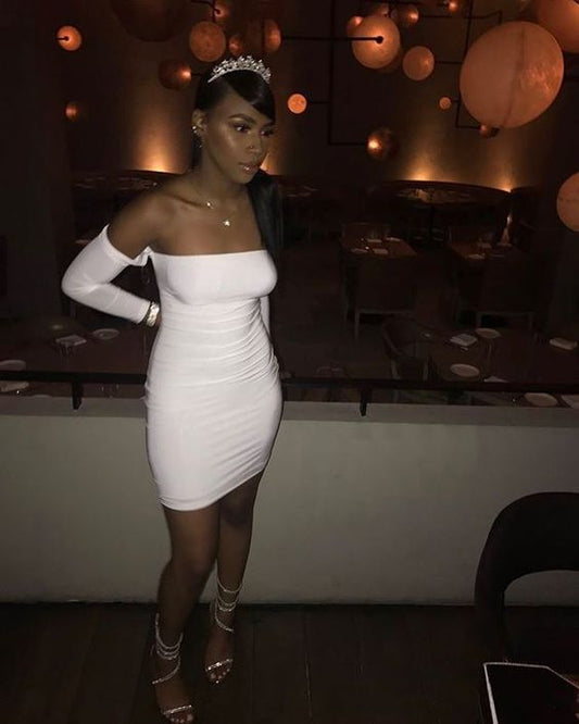 White Bodycon Dress With Long Sleeves Short Homecoming Dress Sexy Homecoming Dress cc174