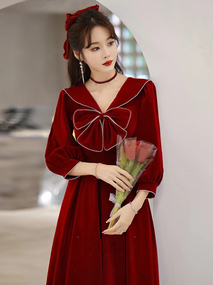 New style, autumn and winter long sleeve dress, party velvet evening dress, New Year prom dress,custom made C2051