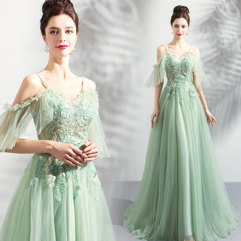 Green tulle lace long prom dress, evening dress c2898