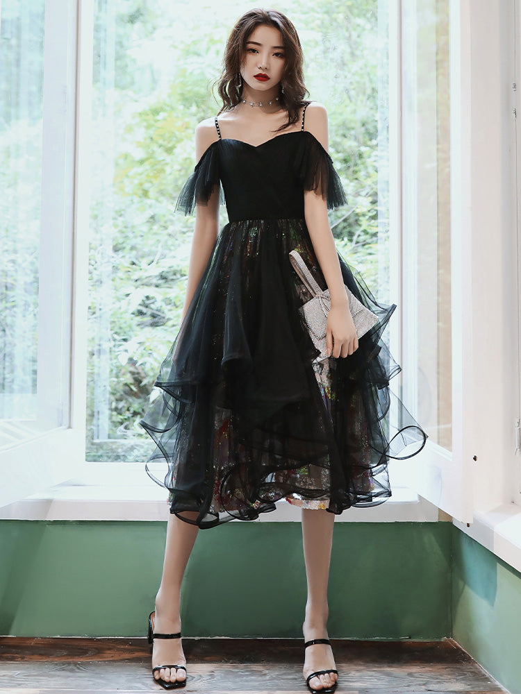 Unique design black tulle short prom dress c2960