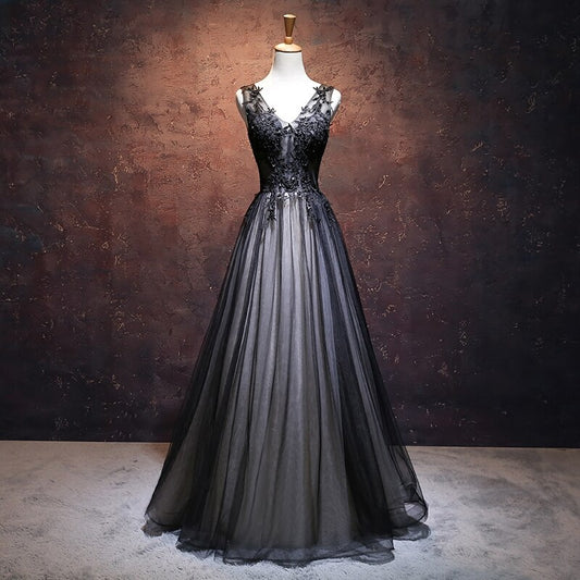 CHIC A-LINE V-NECK FLOOR LENGTH TULLE BLACK APPLIQUE LONG PROM DRESS EVENING DRESS C1592