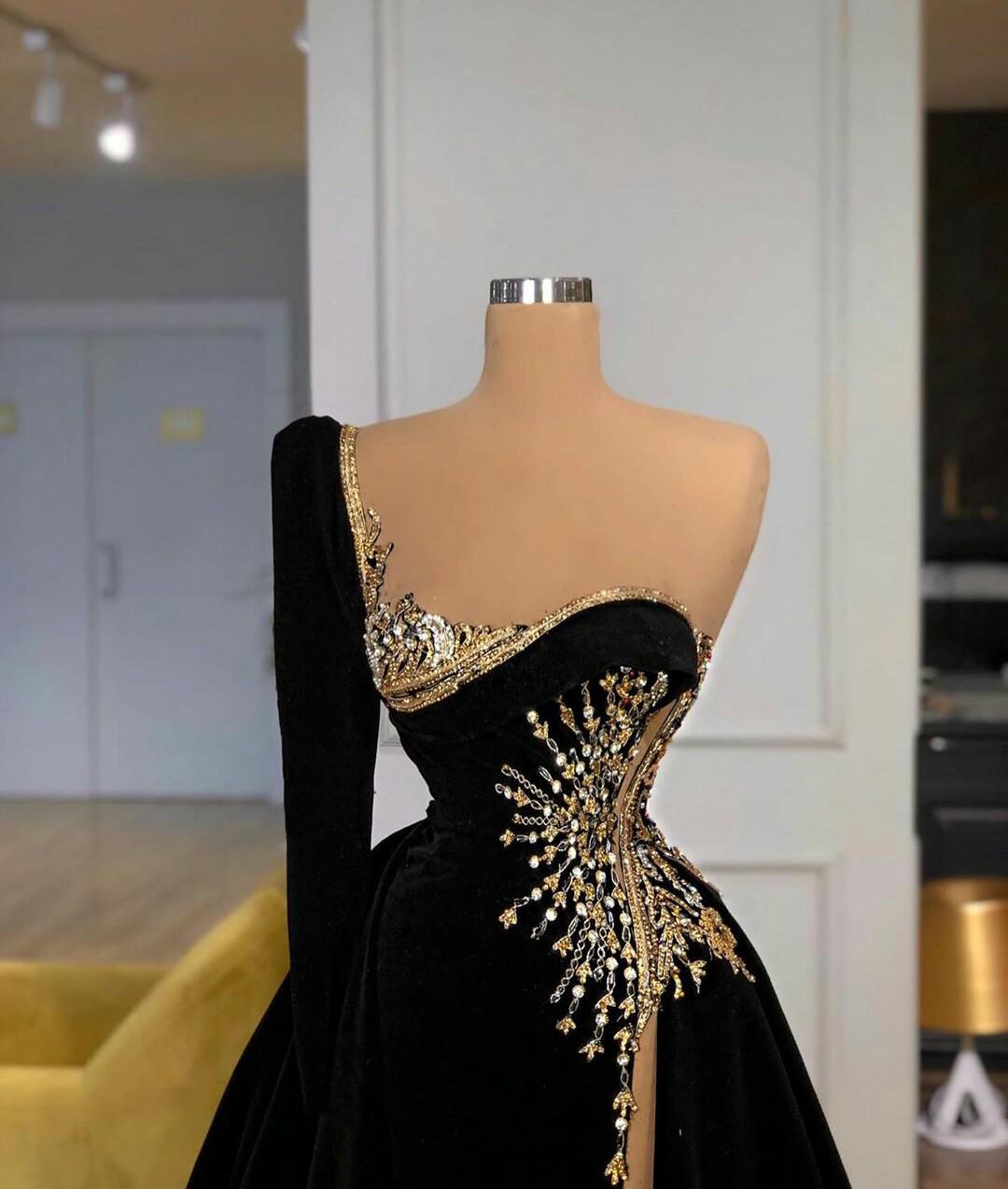 Black Velvet Crystal One Shoulder Evening Dress Pageant Celebrity Dress cc89