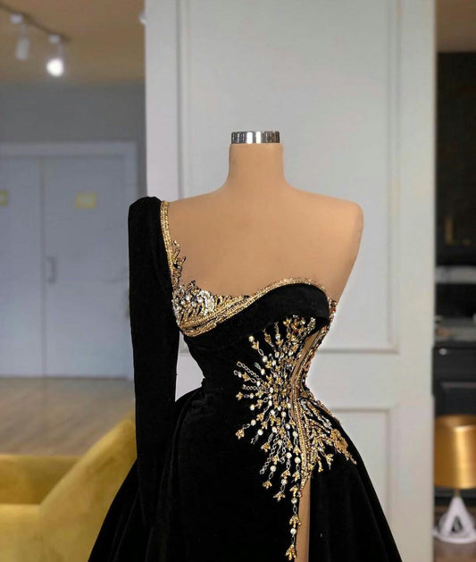 Black Velvet Crystal One Shoulder Evening Dress Pageant Celebrity Dress cc89