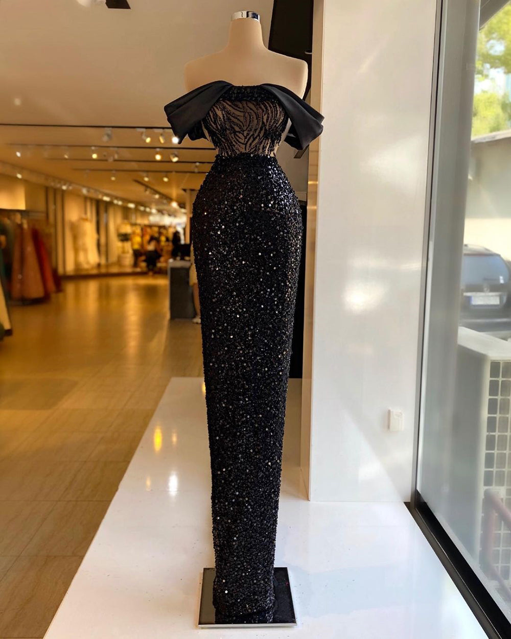 Off Shoulder Glitter Black Evening Dress Sleeveless Glitter Long Mermaid Evening Dress cc77