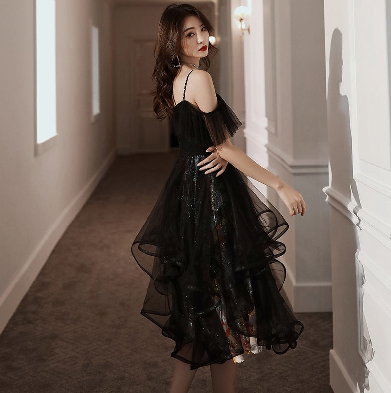 Unique design black tulle short prom dress c2960
