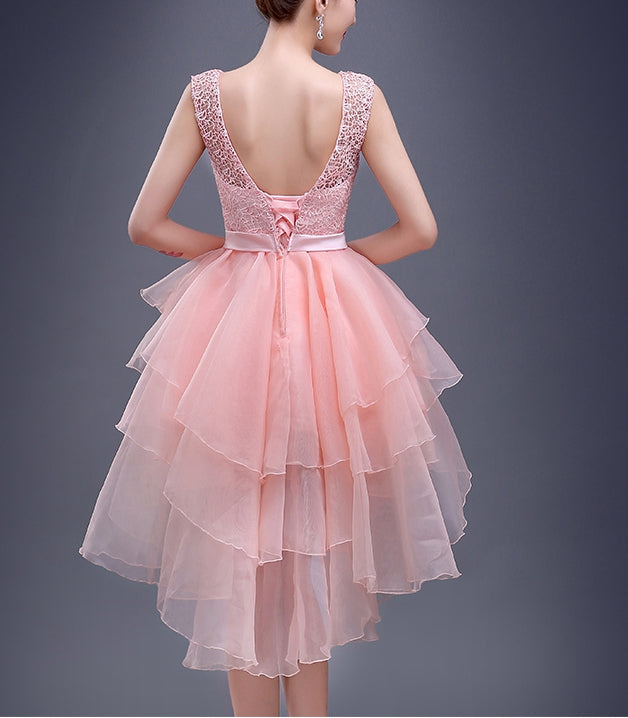 Charming A-line pink lace high-low short prom dress,homecoming dresses c2967