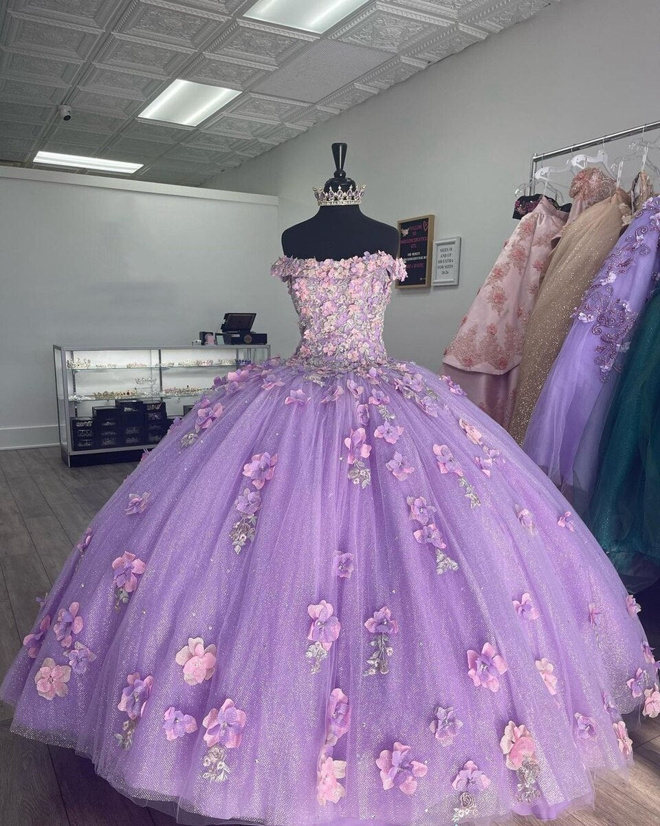 Appliqued Off Shoulder Shiny Elegant Tulle Ball Gown 3D Flowers Princess Evening Dress 15 Lovely  c3098