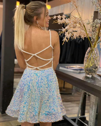 A-line White and Blue Sequined Party Dress c3055