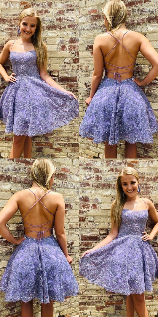 Formal lace short homecoming dresses, open back party dresses c3096