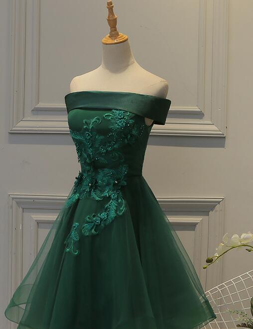 Lovely Off Shoulder Green Short Satin Party Dress With Lace Applique, Green Homecoming Dresses c3090