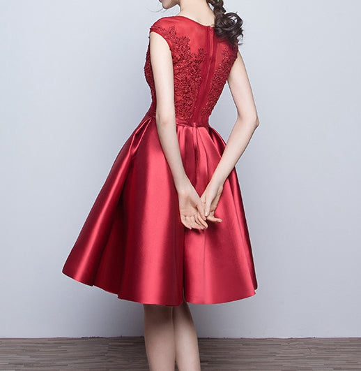 Burgundy lace satin short homecoming dresses c2970