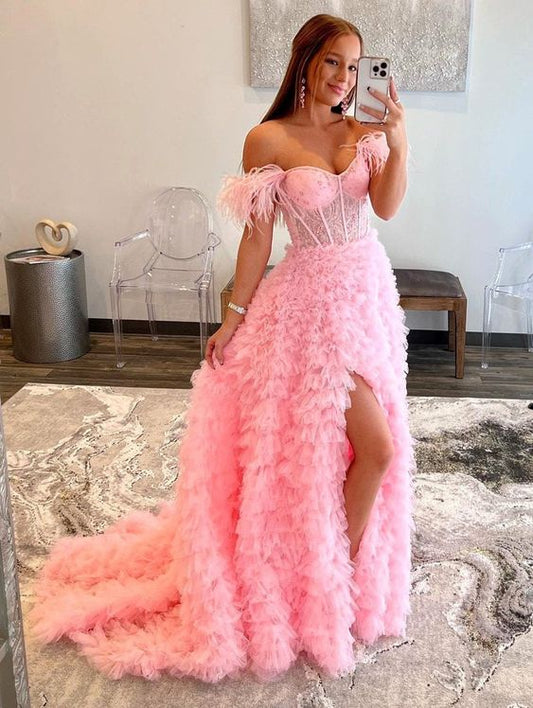 Pink Tulle Ruffled Gown, Off Shoulder Tulle Dress, Tulle Prom Dress, Corset Tulle Ball gown, Graduation Dress c3390