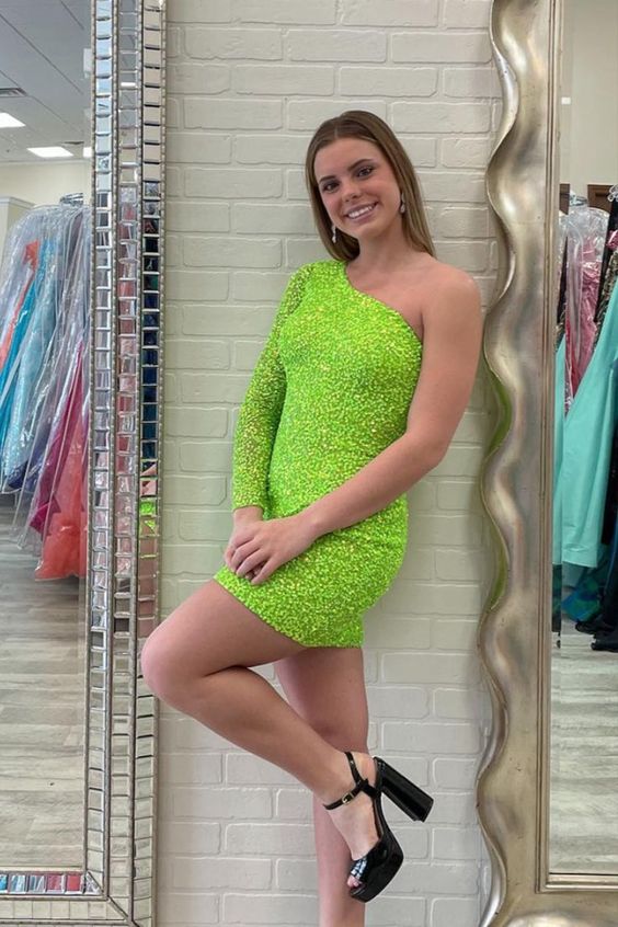 Sparkly Bodycon One Shoulder Fluorescent Green Sequins Short Homecoming Dresses c3377