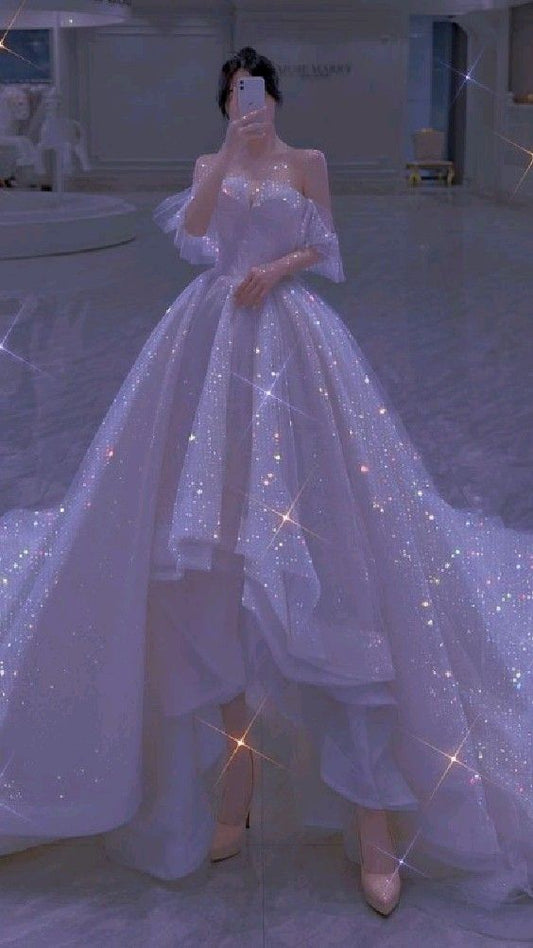 White Glitter Hi-low Prom Dress Off The Shoulder Wedding Dress With Long Train  c3397