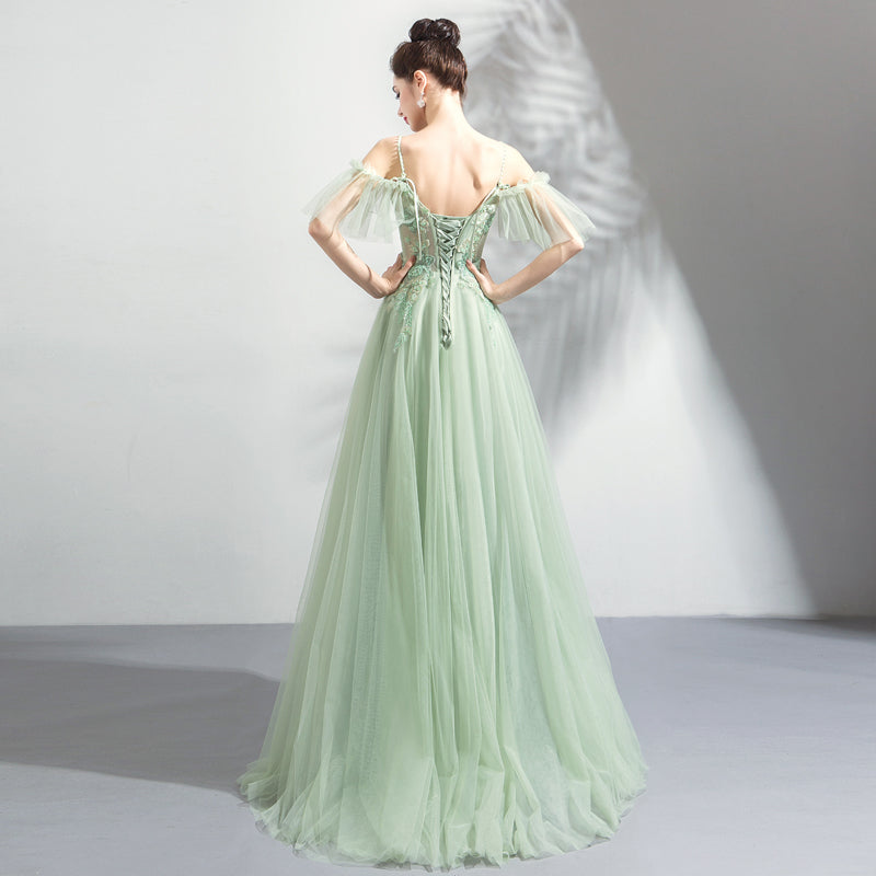 Green tulle lace long prom dress, evening dress c2898