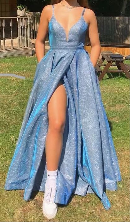 Shiny Blue Sexy V Neck Formal Evening Long Prom Party Dress,Spaghetti Straps Back Open Prom Dress c2920