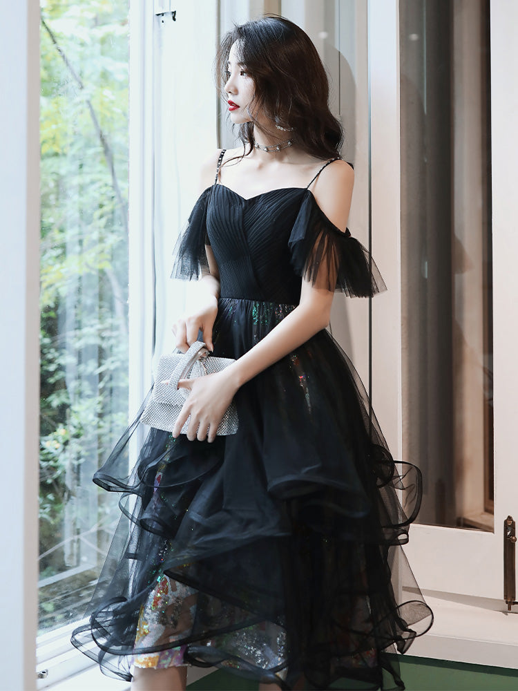 Unique design black tulle short prom dress c2960