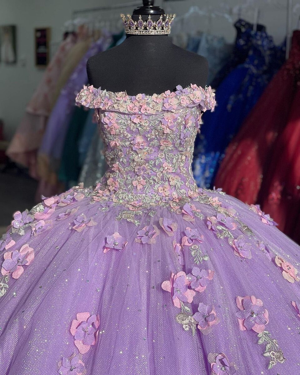 Appliqued Off Shoulder Shiny Elegant Tulle Ball Gown 3D Flowers Princess Evening Dress 15 Lovely  c3098