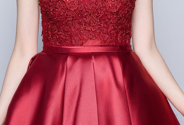 Burgundy lace satin short homecoming dresses c2970
