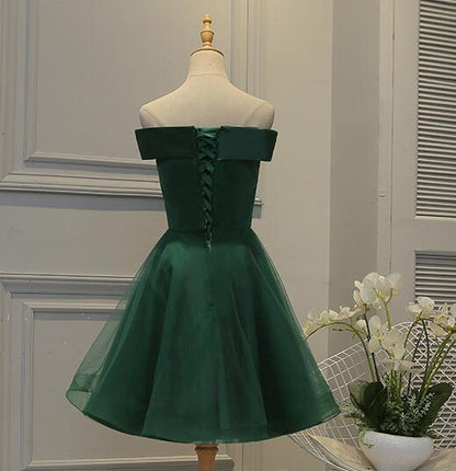 Lovely Off Shoulder Green Short Satin Party Dress With Lace Applique, Green Homecoming Dresses c3090